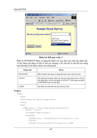 Lập trình Web
64
Hình 4.4: Kết quả ví dụ 3
Phần tử OPTGROUP được sử dụng để nhóm các lựa chọn vào một cây phân cấp.
Ví dụ, bảng nội dung có thể có tên các chương. Các chủ đề và chủ đề con trong
một chương có thể được nhóm vào chương đó.
Thuộc tính Mô tả
SELECTED Đây là thuộc tính logic sử dụng để chọn trước một tùy chọn.
VALUE Xác định giá trị được nhận vào cho tùy chọn được chọn. Giá trị
này được gán với tên của phầ̀n tử SELECT. Nội dung của phần
tử OPTION là giá trị mặc định
LABEL Xác định văn bản hiển thị cho một tùy chọn.
Ví dụ 4:
<HTML>
<Head>
<Title>Using the Option Group</Title>
</head>
<BODY>
<FORM action = ”http://www.mysite.com/FormSite”
method = ”post”>
<P><SELECT name=”course”>
<OPTGROUP>
<OPTION value = “Internetintro”>Introduction to the
Internet
<OPTION value=”Introhtml”>Introduction to HTML
 