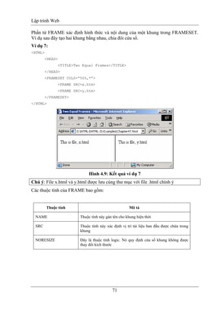 Lập trình Web
71
Phần tử FRAME xác định hình thức và nội dung của một khung trong FRAMESET.
Ví dụ sau đây tạo hai khung bằng nhau, chia đôi cửa sổ.
Ví dụ 7:
<HTML>
<HEAD>
<TITLE>Two Equal Frames</TITLE>
</HEAD>
<FRAMESET COLS=”50%,*”>
<FRAME SRC=x.htm>
<FRAME SRC=y.htm>
</FRAMESET>
</HTML>
Hình 4.9: Kết quả ví dụ 7
Chú ý: File x.html và y.html được lưu cùng thư mục với file .html chính ý
Các thuộc tính của FRAME bao gồm:
Thuộc tính Mô tả
NAME Thuộc tính này gán tên cho khung hiện thời
SRC Thuộc tính này xác định vị trí tài liệu ban đầu được chứa trong
khung
NORESIZE Đây là thuộc tính logic. Nó quy định cửa sổ khung không được
thay đổi kích thước
 