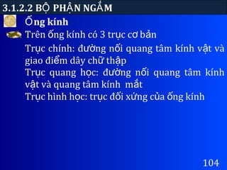 ng kínhỐ
3.1.2.2 B PH N NG MỘ Ậ Ắ
104
Trên ng kính có 3 tr c c b nố ụ ơ ả
Tr c chính: đ ng n i quang tâm kính v t vàụ ườ ố ậ
giao đi m dây ch th pể ữ ậ
Tr c quang h c: đ ng n i quang tâm kínhụ ọ ườ ố
v t và quang tâm kính m tậ ắ
Tr c hình h c: tr c đ i x ng c a ng kínhụ ọ ụ ố ứ ủ ố
 