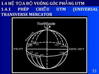 1.4 H T A Đ VUÔNG GÓC PH NG UTMỆ Ọ Ộ Ẳ
31
1.4.1 PHÉP CHI U UTM (UNIVERSALẾ
TRANSVERSE MERCATOR
 