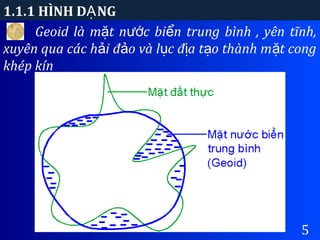 1.1.1 HÌNH D NGẠ
5
Geoid là m t n c bi n trung bình , yên tĩnh,ặ ướ ể
xuyên qua các h i đ o và l c đ a t o thành m t congả ả ụ ị ạ ặ
khép kín
 