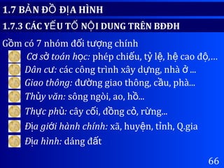 66
1.7 B N Đ Đ A HÌNHẢ Ồ Ị
1.7.3 CÁC Y U T N I DUNG TRÊN BĐĐHẾ Ố Ộ
G m có 7 nhóm đ i t ng chínhồ ố ượ
C s toán h c:ơ ở ọ phép chi u, t l , h cao đ ,…ế ỷ ệ ệ ộ
Dân c :ư các công trình xây d ng, nhà ...ự ở
Giao thông: đ ng giao thông, c u, phà...ườ ầ
Th y văn:ủ sông ngòi, ao, h ...ồ
Th c ph :ự ủ cây c i, đ ng c , r ng...ố ồ ỏ ừ
Đ a gi i hành chính:ị ớ xã, huy n, t nh, Q.giaệ ỉ
Đ a hình:ị dáng đ tấ
 