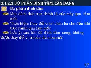 B ph n đ nh tâmộ ậ ị
3.1.2.1 B PH N Đ NH TÂM, CÂN B NGỘ Ậ Ị Ằ
97
M c đích: đ a tr c chính LL c a máy quaụ ư ụ ủ tâm
m cố
Th c hi n: thay đ i v trí chân ba cho đ nự ệ ổ ị ế khi
tr c chính qua tâm m cụ ố
L u ý: sau khi đã đ nh tâm xong, khôngư ị
đ c thay đ i v trí c a chân ba n aượ ổ ị ủ ữ
 