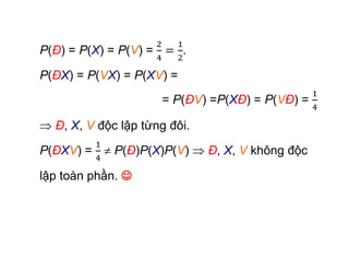 P(Đ) = P(X) = P(V) = .
P(ĐX) = P(VX) = P(XV) =
= P(ĐV) =P(XĐ) = P(VĐ) =
Đ, X, V độc lập từng đôi.
P(ĐXV) = P(Đ)P(X)P(V) Đ, X, V không độc
lập toàn phần. 
 