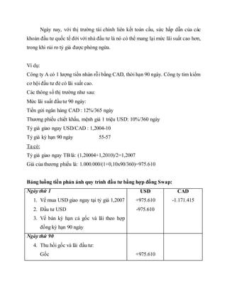 Ngày nay, với thị trường tài chính liên kết toàn cầu, sức hấp dẫn của các
khoản đầu tư quốc tế đới với nhà đầu tư là nó có thể mang lại mức lãi suất cao hơn,
trong khi rủi ro tỷ giá được phòng ngừa.
Ví dụ:
Công ty A có 1 lượng tiền nhàn rỗi bằng CAD, thời hạn 90 ngày. Công ty tìm kiếm
cơ hội đầu tư đẻ có lãi suất cao.
Các thông số thị trường như sau:
Mức lãi suất đầu tư 90 ngày:
Tiền gửi ngân hàng CAD : 12%/365 ngày
Thương phiếu chiết khấu, mệnh giá 1 triệu USD: 10%/360 ngày
Tỷ giá giao ngay USD/CAD : 1,2004-10
Tỷ giá kỳ hạn 90 ngày 55-57
Ta có:
Tỷ giá giao ngay TB là: (1,20004+1,2010)/2=1,2007
Giá của thương phiếu là: 1.000.000/(1+0,10x90/360)=975.610
Bảng luồng tiền phản ánh quy trình đầu tư bằng hợp đồng Swap:
Ngày thứ 1
1. Vế mua USD giao ngay tại tỷ giá 1,2007
2. Đầu tư USD
3. Vế bán kỳ hạn cả gốc và lãi theo hợp
đồng kỳ hạn 90 ngày
USD
+975.610
-975.610
CAD
-1.171.415
Ngày thứ 90
4. Thu hồi gốc và lãi đầu tư:
Gốc +975.610
 