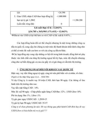 Lãi
5. Giao USD, nhận CAD theo hợp đồng kỳ
hạn tại tỷ giá 1,2062
Luồn tiền ròng (lãi)
+24.390
-1.000.000
0
+1.206.200
Lãi suất thực tế là : 12,043%
[(34.785 x 365)/90/1.171.415] = 12.043%
Đầu tư vào USD có lợi thế hơn so với CAD về lãi suất là 0.43%...
Các hợp đồng hoán đổi có thể chuyển nhượng là một trong những công cụ
đầu tư quốc tế, cung cấp cho chúng ta một mức độ thanh khoản nhất định cũng như
có thể có mức lãi suất cao hơn so với các công cụ đầu tư khác.
Các hợp đồng này cung cấp những cơ hội tốt trong kinh doanh; đồng thời nó phụ
thuộc vào tính chất của từng thị trường ngoại hối kỳ hạn, mức độ chuyển nhượng
cũng như sự biến động giá cả của các giấy tờ có giá đang có sẵn trên thị trường.
3. ỨNG DỤNG SWAP ĐỐI VỚI KHOẢN VAY QUỐC TẾ
Hiện nay, vay tiền bằng ngoại tệ ngày càng trở nên phổ biến với cá nhân, tổ chức.
(Người có thu nhập bằng ngoại tệ có… SGK/308)
Ví dụ: Công ty A muốn vay 10 triệu CAD, thời hạn 90 ngày. Các thông số lưu
hành trên thị trường như sau:
Vay tiền mặt bằng CAD : 14%
Mức lãi suấ 90 ngày : Cháp phiếu ngân hàng CAD-Bas :12% ; USD Libor 10%
Phí tín dụng: Bas 1% ; Libor :1%
Tỷ giá giao ngay USD/CAD : 1,2010-15
Tỷ giá kỳ hạn 90 ngày USD/CAD: 55-57
Công ty sẽ chọn phương án nào: Đi vay thông qua phát hành CAD-BAs hay đi vay
USD Libor có bảo hiểm rủi ro tỷ giá???
 