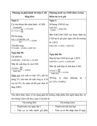 Phương án phát hành 10 triệu CAD
bằng BAs
Phương án đi vay USD Libor có bảo
hiểm rủi ro tỷ giá
Ngày1:
Cty thu khoản tiền phát hành : (CAD)
Phí tín dụng:
Thu tiền ròng:
Ngàythứ 90:
Lãi phải trả:
Mức lãi suất thực tế của CAD:
Nhận xét: Lãi suất cơ bản 12%, phí tín
dụng 1%, nên mức lãi suất công ty A đi
vay là 13%. So sánh với kết quả: thực tế
tăng 0.06%
Ngày1:
Số lượng USD đi vay:
Bán 8.063.206 USD vay được nhận lại
CAD tại tỷ giá giao ngay trên thị trường
là 1,2015:
Ngàythứ 90:
Mua kỳ hạn USD tại tỷ giá 1,2072:
Mức lãi suất thực tế tính theo CAD:
Công ty chọn phương án 1
(13.13%>13.06%)
Vậy điểm khác nhau về tín dụng giữa thị trường chấp phiếu liên ngân hàng Bas và
thị trường Libor cần lưu ý qua ví dụ trên là:
Thị trường BAs Thị trường Libor
- Thanh toán vào ngày thứ 1
- Trên cơ sở tính mệnh giá phát
- Thanh toán khi đáo hạn
- Trên cơ sở thu nhập thực tế ngày
 