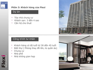 Phần 3: Khách hàng của Flexi

    Dự án

    Tòa nhà chung cư
    Khách sạn: 3 đến 4 sao
                     Giới thiệu    Công ty Hà Việt và Flexi
    Căn hộ cho thuê

                     Giới thiệu tổng quan về sản phẩm

                     Những giải pháp Flexi mang đến
    Công trình tư nhân
                     Khách hàng của chúng tôi
    Khách hàng có độ tuổi từ 30 đến 45 tuổi
    Biệt thự ( Phòng thay đồ lớn, tủ quần áo)
    Chung cư        Công trình thực tế
    Nhà phố
    Nhà không gian hẹp



                                                   Hà nội, 12/2012
 