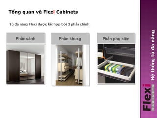 Tổng quan về Flexi Cabinets

Tủ đa năng Flexi được kết hợp bởi 3 phần chính:




                                                                    Hệ thống tủ đa năng
   Phần cánh
   Phần cánh                Phần khung
                            Phần khung              Phần phụ kiện
                                                    Phần phụ kiện




                                                  SCENE
 