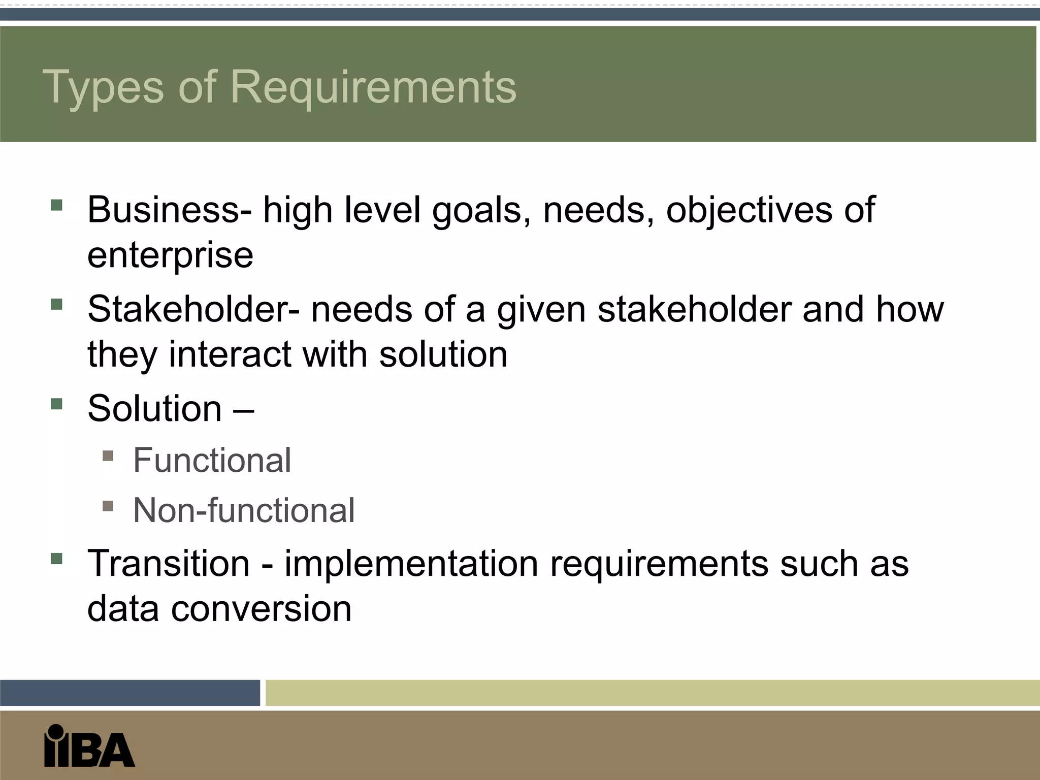 Types of Requirements
 Business- high level goals, needs, objectives of
enterprise
 Stakeholder- needs of a given stakeholder and how
they interact with solution
 Solution –
 Functional
 Non-functional
 Transition - implementation requirements such as
data conversion
 
