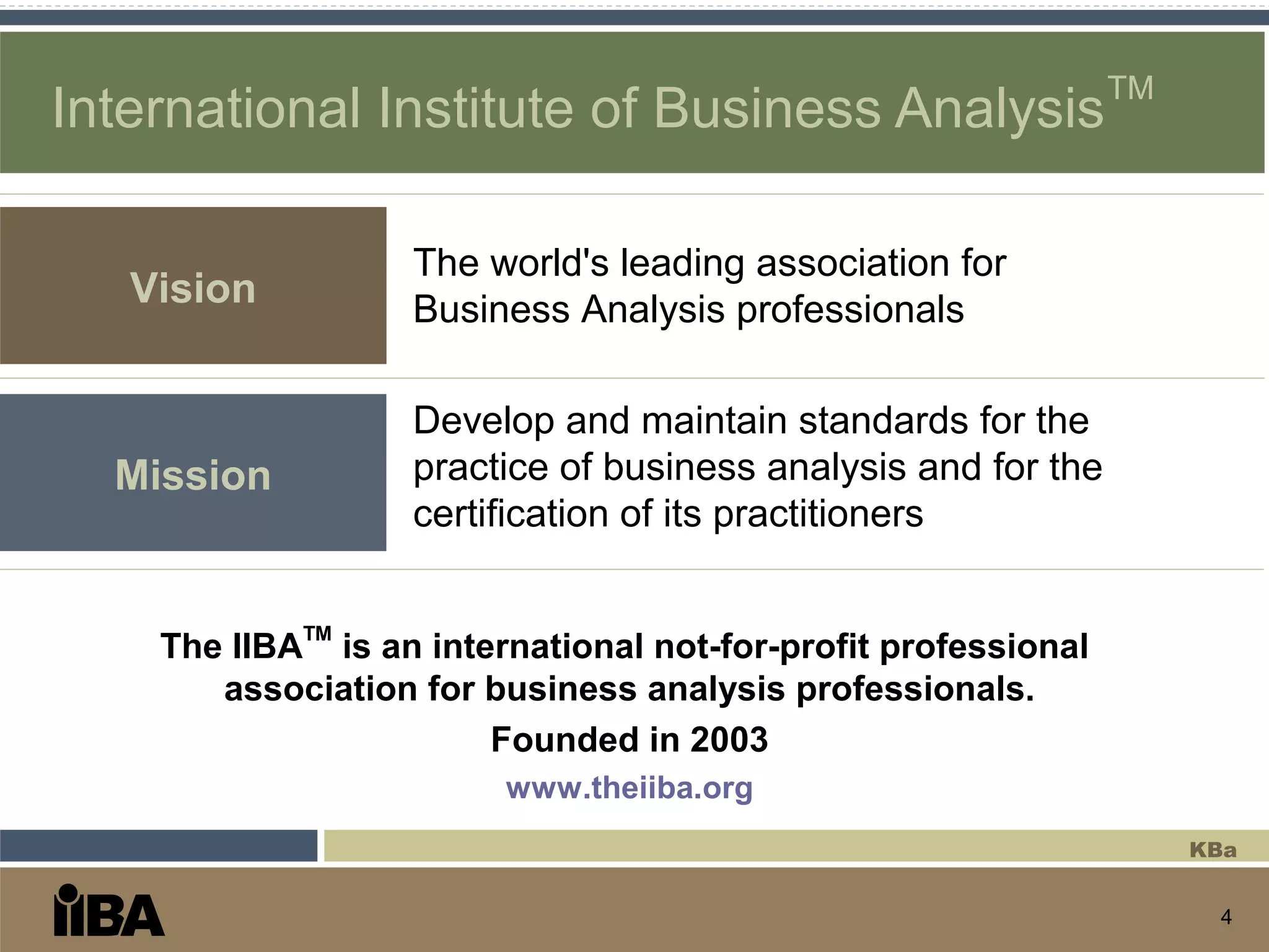 4
International Institute of Business Analysis
TM
Develop and maintain standards for the
practice of business analysis and for the
certification of its practitioners
The IIBA
TM
is an international not-for-profit professional
association for business analysis professionals.
Founded in 2003
www.theiiba.org
Vision
The world's leading association for
Business Analysis professionals
Mission
KBa
 