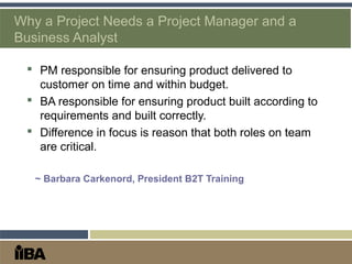 Why a Project Needs a Project Manager and a
Business Analyst
 PM responsible for ensuring product delivered to
customer on time and within budget.
 BA responsible for ensuring product built according to
requirements and built correctly.
 Difference in focus is reason that both roles on team
are critical.
~ Barbara Carkenord, President B2T Training
 