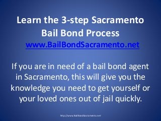 Learn the 3-step Sacramento
Bail Bond Process
www.BailBondSacramento.net
If you are in need of a bail bond agent
in Sacramento, this will give you the
knowledge you need to get yourself or
your loved ones out of jail quickly.
http://www.BailBondSacramento.net
 