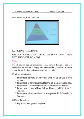Articulación Interinstucional Turismo Interno.
Intervención en Sitios Turísticos.
Ing.: BOLIVAR MACHADO.
VISION Y POLITICA IMPLIMENTADAS POR EL MINISTERIO
DE TURISMO DEL ECUADOR.
Visión:
Que el turismo sea un instrumento clave para el desarrollo social y
económico del país en el largo plazo. Transcender y convertir al sector
en una fuente de riqueza internacional para el país.
Objetivos estratégicos:
 Incrementar la oferta de servicios turísticos de calidad a nivel
nacional.
 Incrementar la participacióndel turismo en la economía nacional.
 Incrementar la ciencia operacional del Ministerio de Turismo.
 Incrementar el desarrollo de Talento Humano del Ministerio de
Turismo.
 Incrementar el uso creciente de presupuesto del Ministerio de
Turismo.
Políticas de gestión.
 Seguridad: para general confianza.
 
