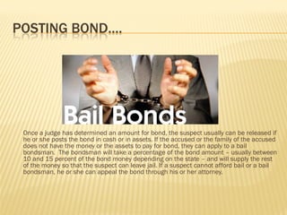 POSTING BOND….




 Once a judge has determined an amount for bond, the suspect usually can be released if
 he or she posts the bond in cash or in assets. If the accused or the family of the accused
 does not have the money or the assets to pay for bond, they can apply to a bail
 bondsman. The bondsman will take a percentage of the bond amount – usually between
 10 and 15 percent of the bond money depending on the state – and will supply the rest
 of the money so that the suspect can leave jail. If a suspect cannot afford bail or a bail
 bondsman, he or she can appeal the bond through his or her attorney.
 