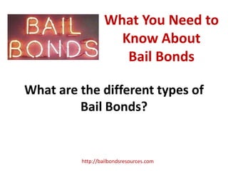 What You Need to
                    Know About
                     Bail Bonds

What are the different types of
         Bail Bonds?


         http://bailbondsresources.com
 