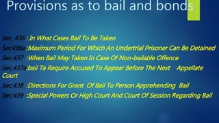 Provisions as to bail and bonds
Sec. 436 : In What Cases Bail To Be Taken
Sec436a :Maximum Period For Which An Undertrial Prisoner Can Be Detained
Sec.437 :When Bail May Taken In Case Of Non-bailable Offence
Sec.437a:bail Ta Require Accused To Appear Before The Next Appellate
Court
Sec.438 :Directions For Grant Of Bail To Person Apprehending Bail
Sec.439 :Special Powers Or High Court And Court Of Session Regarding Bail
 