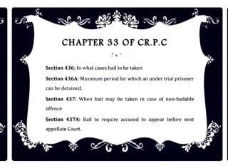 CHAPTER 33 OF CR.P.C
Section 436: In what cases ball to be taken
Section 436A: Maximum period for which an under trial prisoner
can be detained.
Section 437: When ball may be taken In case of non-bailable
offence
Section 437A: Ball to require accused to appear before next
appellate Court
 