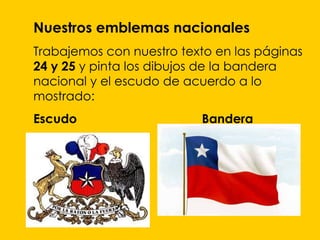 Nuestros emblemas nacionales
Trabajemos con nuestro texto en las páginas
24 y 25 y pinta los dibujos de la bandera
nacional y el escudo de acuerdo a lo
mostrado:
Escudo                    Bandera
                 B
 