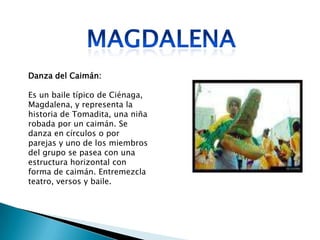 Danza del Caimán:

Es un baile típico de Ciénaga,
Magdalena, y representa la
historia de Tomadita, una niña
robada por un caimán. Se
danza en círculos o por
parejas y uno de los miembros
del grupo se pasea con una
estructura horizontal con
forma de caimán. Entremezcla
teatro, versos y baile.
 