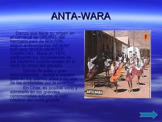 ANTA-WARA Danza que tiene su origen en el carnaval de ORURO, del hermano país de BOLIVIA,  según antecedentes del autor boliviano NIVER MONTES CAMACHO.  Nace en 1974, estilizando los movimientos de los pastores cuando andan en la labor de arreo del ganado. Danza de salto y gran sincronización.  Arriba a nuestro país en los últimos años y es una de las preferidas por la juventud. En Chile, es posible verlo y admirarlo en las grandes ceremoniales adjunto al culto católico del norte grande. 