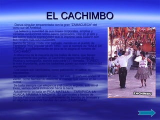 EL CACHIMBO Danza singular emparentada con la gran “ZAMACUECA” del cono sur de América. La belleza y suavidad de sus líneas corporales, amplias y variadas evoluciones sobre pasos caminados, casi en el aire y por sobre toda la expresividad que le imprime cada bailarín son sus rangos más sobresalientes. Danza de pareja mixta, con pañuelo, nacida en el pueblo de Tarapacá, muy popular ya en 1850;  con el nombre de “BAILE DE TIERRA” y posteriormente en pica se le asigna el nombre de “CACHIMBO”. A diferencia de la mayoría de los bailes de tierra, que tienen generalmente dos partes, el Cachimbo pesee tres partes de música y coreografía, siendo esta parte (3°) llamada, “TOREO”; la mas importante, pues los bailarines ponen su mayor intensidad expresiva. Los pasos son caminados, como patinando, ni saltos, ni zapateados. No pocas veces aparece el paso, del vals.  El pañuelo ondea al viento, como flameando diferente al manejo que vemos en la cueca. Se baila siempre con elegancia y el cuerpo erguido, solo en el toreo, vemos cierta inclinación hacia la tierra. Actualmente se baila en PICA, MATILLA,  TARAPACA, LA HUAICA, MAMIÑA Y MACAYA.  En carnavales y fiestas de Santos Patronos con acompañamiento de bandas de bronces y en algunas ocasiones bandas de Lacas (ZAMPOÑAS).  
