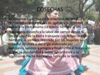 COSECHAS
• Es una danza quichua de la provincia de Imbabura. Se
  realiza durante los meses de agosto y septiembre en
  honor a la pachamama (la madre tierra) y al inti (sol).
• Esta danza escenifica la labor del campo desde la
  preparación de la tierra trabajada con la fuerza de los
  hombres, la siembra realizada por las mujeres, la
  cosecha del maíz o del trigo elaborada por
  familiares, vecinos y amigos y finalmente el festejo en
  el que se acostumbra a beber aguardiente y la
  tradicional chicha hasta altas horas de la tarde.
 