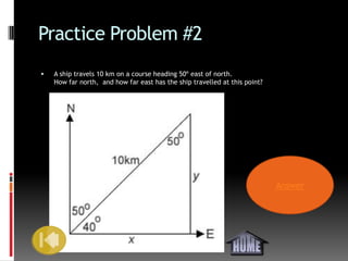 Practice Problem #2
   A ship travels 10 km on a course heading 50º east of north.
    How far north, and how far east has the ship travelled at this point?




                                                                            Answer
 