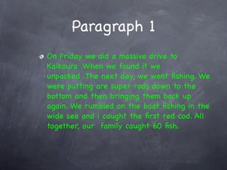 Paragraph 1
On Friday we did a massive drive to
Kaikoura .When we found it we
unpacked .The next day, we went ﬁshing. We
were putting are super rods down to the
bottom and then bringing them back up
again. We rumbled on the boat ﬁshing in the
wide sea and i caught the ﬁrst red cod. All
together, our family caught 60 ﬁsh.
 