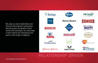 We value our client relationships and
strive to build long-term partnerships
that bring value and growth to their
brands and businesses. Our client base
is both national and international and           BY APPOINTMENT TO HER MAJESTY QUEEN ELIZABETH II
                                         TEA AND COFFEE MERCHANTS R. TWINING AND CO MPANY LIMITED. LONDON




spans a wide range of categories.




www.baileybrandconsulting.com
 
