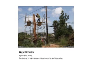 Gigantic Spine
By Heather Bailey
Signs come in many shapes, this one was for a chiropractor.
 