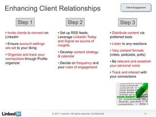 Enhancing Client Relationships                                                                   Client Engagement




        Step 1                                 Step 2                                        Step 3
• Invite clients to connect on        • Set up RSS feeds.                             • Distribute content via
LinkedIn                              Leverage LinkedIn Today                         preferred tools
                                      and Signal as source of
• Ensure account settings             insights                                        • Listen to any reactions
are set to your liking
                                      • Develop content strategy                      • Vary content formats
• Organize and track your             & calendar                                      (video, podcasts, polls)
connections through Profile
organizer                             • Decide on frequency and                       • Be relevant and establish
                                      your rules of engagement                        your personal voice
                                                                                      • Track and interact with
                                                                                      your connections




                                 © 2011 LinkedIn. All rights reserved. Confidential                             19
 