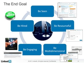 The End Goal
                                   Be Seen




       Be Hired                                                 Be Resourceful




                                                       Be
           Be Engaging
                                                Multidimensional


                  © 2011 LinkedIn. All rights reserved. Confidential             28
 