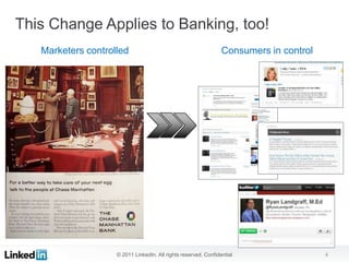 This Change Applies to Banking, too!
   Marketers controlled                                          Consumers in control




                    © 2011 LinkedIn. All rights reserved. Confidential                  4
 