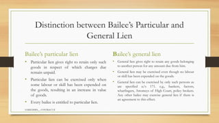 SAMIUDDIN__ CONTRACT II
Distinction between Bailee’s Particular and
General Lien
Bailee’s particular lien
• Particular lien gives right to retain only such
goods in respect of which charges due
remain unpaid.
• Particular lien can be exercised only when
some labour or skill has been expended on
the goods, resulting in an increase in value
of goods.
• Every bailee is entitled to particular lien.
Bailee’s general lien
• General lien gives right to retain any goods belonging
to another person for any amount due from him.
• General lien may be exercised even though no labour
or skill has been expended on the goods.
• General lien can be exercised by only such persons as
are specified u/s 171. e.g., bankers, factors,
wharfingers, Attomeys of High Court, policy brokers.
Any other bailee may exercise general lien if there is
an agreement to this effect.
 