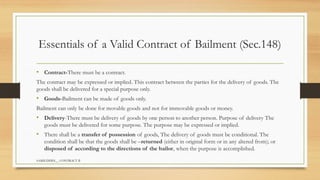SAMIUDDIN__ CONTRACT II
Essentials of a Valid Contract of Bailment (Sec.148)
• Contract-There must be a contract.
The contract may be expressed or implied. This contract between the parties for the delivery of goods. The
goods shall be delivered for a special purpose only.
• Goods-Bailment can be made of goods only.
Bailment can only be done for movable goods and not for immovable goods or money.
• Delivery-There must be delivery of goods by one person to another person. Purpose of delivery The
goods must be delivered for some purpose. The purpose may be expressed or implied.
• There shall be a transfer of possession of goods, The delivery of goods must be conditional. The
condition shall be that the goods shall be –returned (either in original form or in any altered from); or
disposed of according to the directions of the bailor, when the purpose is accomplished.
 