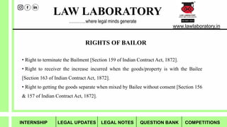 LAW LABORATORY
www.lawlaboratory.in
…………where legal minds generate
• Right to terminate the Bailment [Section 159 of Indian Contract Act, 1872].
• Right to receiver the increase incurred when the goods/property is with the Bailee
[Section 163 of Indian Contract Act, 1872].
• Right to getting the goods separate when mixed by Bailee without consent [Section 156
& 157 of Indian Contract Act, 1872].
RIGHTS OF BAILOR
INTERNSHIP LEGAL UPDATES LEGAL NOTES QUESTION BANK COMPETITIONS
 