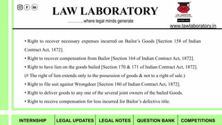 LAW LABORATORY
www.lawlaboratory.in
…………where legal minds generate
• Right to recover necessary expenses incurred on Bailor’s Goods [Section 158 of Indian
Contract Act, 1872].
• Right to recover compensation from Bailor [Section 164 of Indian Contract Act, 1872].
• Right to have lien on the goods bailed [Section 170 & 171 of Indian Contract Act, 1872].
(# The right of lien extends only to the possession of goods & not to a right of sale.)
• Right to file suit against Wrongdoer [Section 180 of Indian Contract Act, 1872].
• Right to deliver goods to any one of the several joint owners of the bailed Goods.
• Right to receive compensation for loss incurred for Bailor’s defective title.
INTERNSHIP LEGAL UPDATES LEGAL NOTES QUESTION BANK COMPETITIONS
 