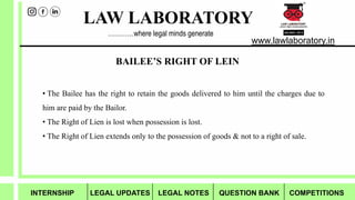LAW LABORATORY
www.lawlaboratory.in
…………where legal minds generate
• The Bailee has the right to retain the goods delivered to him until the charges due to
him are paid by the Bailor.
• The Right of Lien is lost when possession is lost.
• The Right of Lien extends only to the possession of goods & not to a right of sale.
BAILEE’S RIGHT OF LEIN
INTERNSHIP LEGAL UPDATES LEGAL NOTES QUESTION BANK COMPETITIONS
 