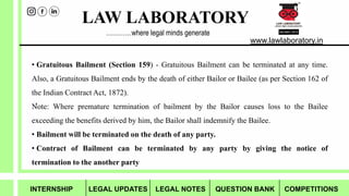 LAW LABORATORY
www.lawlaboratory.in
…………where legal minds generate
?
• Gratuitous Bailment (Section 159) - Gratuitous Bailment can be terminated at any time.
Also, a Gratuitous Bailment ends by the death of either Bailor or Bailee (as per Section 162 of
the Indian Contract Act, 1872).
Note: Where premature termination of bailment by the Bailor causes loss to the Bailee
exceeding the benefits derived by him, the Bailor shall indemnify the Bailee.
• Bailment will be terminated on the death of any party.
• Contract of Bailment can be terminated by any party by giving the notice of
termination to the another party
INTERNSHIP LEGAL UPDATES LEGAL NOTES QUESTION BANK COMPETITIONS
 