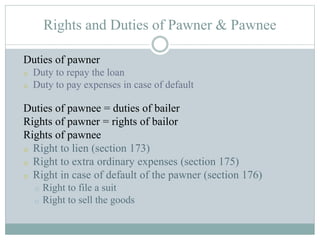 Rights and Duties of Pawner & Pawnee
Duties of pawner
o Duty to repay the loan
o Duty to pay expenses in case of default
Duties of pawnee = duties of bailer
Rights of pawner = rights of bailor
Rights of pawnee
o Right to lien (section 173)
o Right to extra ordinary expenses (section 175)
o Right in case of default of the pawner (section 176)
o Right to file a suit
o Right to sell the goods
 