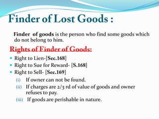 Finder of goods is the person who find some goods which
do not belong to him.
 Right to Lien-[ ]
 Right to Sue for Reward- [ ]
 Right to Sell- [ ]
(i) If owner can not be found.
(ii) If charges are 2/3 rd of value of goods and owner
refuses to pay.
(iii) If goods are perishable in nature.
 