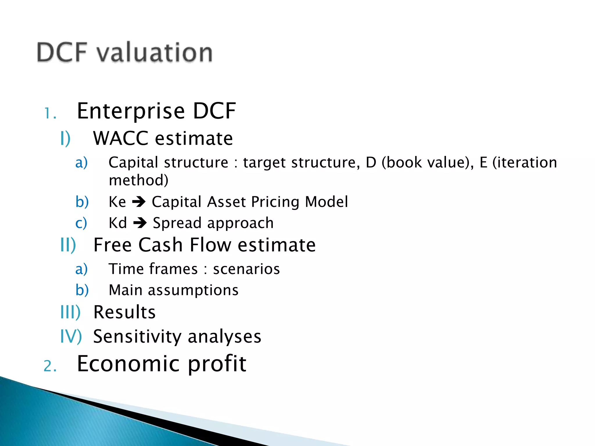 1.        Enterprise DCF
     I)        WACC estimate
          a)    Capital structure : target structure, D (book value), E (iteration
                method)
          b)    Ke  Capital Asset Pricing Model
          c)    Kd  Spread approach
     II) Free Cash Flow estimate
          a)    Time frames : scenarios
          b)    Main assumptions
     III) Results
     IV) Sensitivity analyses
2.        Economic profit
 