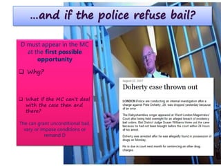 …and if the police refuse bail?
D must appear in the MC
at the first possible
opportunity
 Why?
 What if the MC can’t deal
with the case then and
there?
The can grant unconditional bail,
vary or impose conditions or
remand D
 