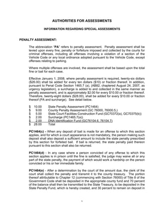 AUTHORITIES FOR ASSESSMENTS

                INFORMATION REGARDING SPECIAL ASSESSMENTS


PENALTY ASSESSMENT:

    The abbreviation “PA” refers to penalty assessment. Penalty assessment shall be
    levied upon every fine, penalty or forfeiture imposed and collected by the courts for
    criminal offenses, including all offenses involving a violation of a section of the
    Vehicle Code or any local ordinance adopted pursuant to the Vehicle Code, except
    offenses relating to parking.

    Where multiple offenses are involved, the assessment shall be based upon the total
    fine or bail for each case.

    Effective January 1, 2008, where penalty assessment is required, twenty-six dollars
    ($26.00) shall be added for every ten dollars ($10) or fraction thereof. In addition,
    pursuant to Penal Code Section 1465.7 (a), (AB82, chaptered August 24, 2007, as
    urgency legislation), a surcharge is added to and collected in the same manner as
    penalty assessment, and is approximately $2.00 for every $10.00 or fraction thereof.
    Therefore, twenty-eight dollars ($28.00), shall be added for every $10.00 or fraction
    thereof (PA and surcharge). See detail below.

    $   10.00     State Penalty Assessment (PC1464)
    $    9.00     County Penalty Assessment (GC 76000, 76000.5,)
    $    5.00     State Court Facilities Construction Fund (GC70372(a), GC70375(b))
    $    2.00     Surcharge (PC1465.7(a))
    $    2.00     DNA Identification Fund (GC76104.6, 76104.7)
    $   28.00     Total

    PC1464(c) - When any deposit of bail is made for an offense to which this section
    applies, and for which a court appearance is not mandatory, the person making such
    deposit shall also deposit a sufficient amount to include the state penalty prescribed
    by this section for forfeited bail. If bail is returned, the state penalty paid thereon
    pursuant to this section shall also be returned.

    PC1464(d) - In any case where a person convicted of any offense to which this
    section applies is in prison until the fine is satisfied, the judge may waive all or any
    part of the state penalty, the payment of which would work a hardship on the person
    convicted or his or her immediate family.

    PC1464(e) - After a determination by the court of the amount due, the clerk of the
    court shall collect the penalty and transmit it to the county treasury. The portion
    thereof attributable to Chapter 12 (commencing with Section 76000) of Title 8 of the
    Government Code shall be deposited in the appropriate county fund and 70 percent
    of the balance shall then be transmitted to the State Treasury, to be deposited in the
    State Penalty Fund, which is hereby created, and 30 percent to remain on deposit in



                                           v
 