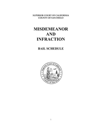 SUPERIOR COURT OF CALIFORNIA
    COUNTY OF SAN DIEGO




MISDEMEANOR
     AND
 INFRACTION

    BAIL SCHEDULE




             INDEX




             1
 