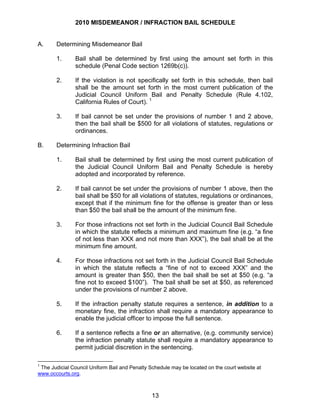 2010 MISDEMEANOR / INFRACTION BAIL SCHEDULE


A.     Determining Misdemeanor Bail

       1.      Bail shall be determined by first using the amount set forth in this
               schedule (Penal Code section 1269b(c)).

       2.      If the violation is not specifically set forth in this schedule, then bail
               shall be the amount set forth in the most current publication of the
               Judicial Council Uniform Bail and Penalty Schedule (Rule 4.102,
               California Rules of Court). 1

       3.      If bail cannot be set under the provisions of number 1 and 2 above,
               then the bail shall be $500 for all violations of statutes, regulations or
               ordinances.

B.     Determining Infraction Bail

       1.      Bail shall be determined by first using the most current publication of
               the Judicial Council Uniform Bail and Penalty Schedule is hereby
               adopted and incorporated by reference.

       2.      If bail cannot be set under the provisions of number 1 above, then the
               bail shall be $50 for all violations of statutes, regulations or ordinances,
               except that if the minimum fine for the offense is greater than or less
               than $50 the bail shall be the amount of the minimum fine.

       3.      For those infractions not set forth in the Judicial Council Bail Schedule
               in which the statute reflects a minimum and maximum fine (e.g. “a fine
               of not less than XXX and not more than XXX”), the bail shall be at the
               minimum fine amount.

       4.      For those infractions not set forth in the Judicial Council Bail Schedule
               in which the statute reflects a “fine of not to exceed XXX” and the
               amount is greater than $50, then the bail shall be set at $50 (e.g. “a
               fine not to exceed $100”). The bail shall be set at $50, as referenced
               under the provisions of number 2 above.

       5.      If the infraction penalty statute requires a sentence, in addition to a
               monetary fine, the infraction shall require a mandatory appearance to
               enable the judicial officer to impose the full sentence.

       6.      If a sentence reflects a fine or an alternative, (e.g. community service)
               the infraction penalty statute shall require a mandatory appearance to
               permit judicial discretion in the sentencing.

1
 The Judicial Council Uniform Bail and Penalty Schedule may be located on the court website at
www.occourts.org.



                                                13
 