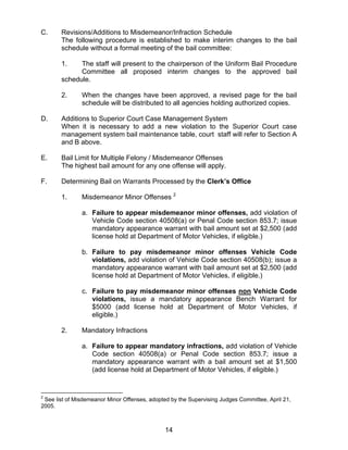 C.     Revisions/Additions to Misdemeanor/Infraction Schedule
       The following procedure is established to make interim changes to the bail
       schedule without a formal meeting of the bail committee:

       1.    The staff will present to the chairperson of the Uniform Bail Procedure
             Committee all proposed interim changes to the approved bail
       schedule.

       2.      When the changes have been approved, a revised page for the bail
               schedule will be distributed to all agencies holding authorized copies.

D.     Additions to Superior Court Case Management System
       When it is necessary to add a new violation to the Superior Court case
       management system bail maintenance table, court staff will refer to Section A
       and B above.

E.     Bail Limit for Multiple Felony / Misdemeanor Offenses
       The highest bail amount for any one offense will apply.

F.     Determining Bail on Warrants Processed by the Clerk’s Office

       1.      Misdemeanor Minor Offenses 2

               a. Failure to appear misdemeanor minor offenses, add violation of
                  Vehicle Code section 40508(a) or Penal Code section 853.7; issue
                  mandatory appearance warrant with bail amount set at $2,500 (add
                  license hold at Department of Motor Vehicles, if eligible.)

               b. Failure to pay misdemeanor minor offenses Vehicle Code
                  violations, add violation of Vehicle Code section 40508(b); issue a
                  mandatory appearance warrant with bail amount set at $2,500 (add
                  license hold at Department of Motor Vehicles, if eligible.)

               c. Failure to pay misdemeanor minor offenses non Vehicle Code
                  violations, issue a mandatory appearance Bench Warrant for
                  $5000 (add license hold at Department of Motor Vehicles, if
                  eligible.)

       2.      Mandatory Infractions

               a. Failure to appear mandatory infractions, add violation of Vehicle
                  Code section 40508(a) or Penal Code section 853.7; issue a
                  mandatory appearance warrant with a bail amount set at $1,500
                  (add license hold at Department of Motor Vehicles, if eligible.)


2
 See list of Misdemeanor Minor Offenses, adopted by the Supervising Judges Committee, April 21,
2005.



                                               14
 