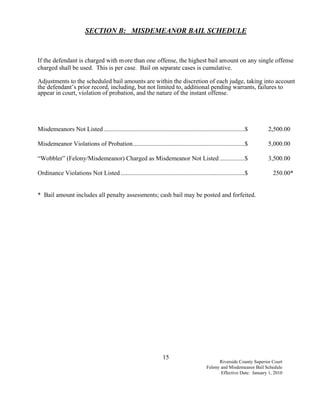 SECTION B: MISDEMEANOR BAIL SCHEDULE



If the defendant is charged with m ore than one offense, the highest bail amount on any single offense
charged shall be used. This is per case. Bail on separate cases is cumulative.

Adjustments to the scheduled bail amounts are within the discretion of each judge, taking into account
the defendant’s prior record, including, but not limited to, additional pending warrants, failures to
appear in court, violation of probation, and the nature of the instant offense.




Misdemeanors Not Listed ..........................................................................................$       2,500.00

Misdemeanor Violations of Probation.......................................................................$               5,000.00

“Wobbler” (Felony/Misdemeanor) Charged as Misdemeanor Not Listed ................$                                        3,500.00

Ordinance Violations Not Listed ...............................................................................$             250.00*


* Bail amount includes all penalty assessments; cash bail may be posted and forfeited.




                                                                    15
                                                                                                  Riverside County Superior Court
                                                                                            Felony and Misdemeanor Bail Schedule
                                                                                                   Effective Date: January 1, 2010
 