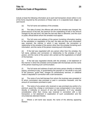 Title 10                                                                              25
California Code of Regulations



include at least the following information as to each bail transaction shown either in one
of the forms required by the provisions of these rules or in a separate book, ledger, or
card record:

       (a)    The full name and address of the arrestee.

       (b)     The date of arrest, the offense with which the arrestee was charged, the
       penal amount of the bail, the premium for the undertaking of bail or the amount
       charged for the bail bond, the date the bail was filed or delivered, and the court
       or public official before whom the arrestee must appear.

       (c)     The full name and address of the person furnishing information leading
       to the solicitation or negotiation of the bail, the date and time such information
       was received, the manner in which it was received, the connection or
       relationship to the arrestee of the person other than the arrestee furnishing such
       information, and the name of the person receiving such information.

       (d)      If the bail was negotiated with any person other than the arrestee, the
       full name, address and connection or relationship to the arrestee of such
       person, and the name of the person who carried out the negotiations on behalf
       of the licensee.

       (e)     If the bail was negotiated directly with the arrestee, a full statement of
       the manner in which the arrestee communicated with the licensee and the name
       of the person receiving such communication.

       (f)    The full name and address of each and every person directly or indirectly
       paying, promising to pay, or guaranteeing the payment of, the whole or any part
       of the premium, guard fees, charges for extraordinary services, or collateral
       made or deposited in connection with a bail transaction.

       (g)   The name of any bail licensee from whom the business was accepted or
       to whom commission was promised or paid in connection therewith, and the
       amount of commission promised or paid.

       (h)     The name of any person who received or was promised any portion of a
       premium, guard fee, charge or commission or was compensated in any manner
       directly or indirectly on account of any bail transaction. (i) If any valuable
       consideration other than money was received in connection with a bail
       transaction, a full statement in explanation of such consideration and the
       circumstances attendant thereto.

       (j)    Where a writ bond was issued, the name of the attorney appearing
       thereon.
 